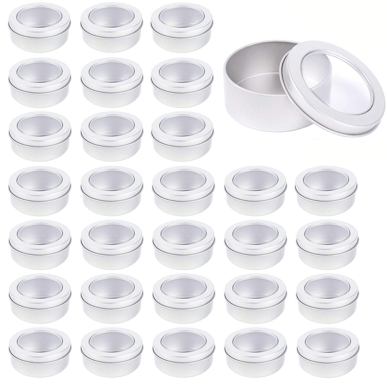Metal Tin Cans - 2 Ounce Round Empty Containers with Clear Top for Cosmetics Crafts Food Storage Party Favors (30)